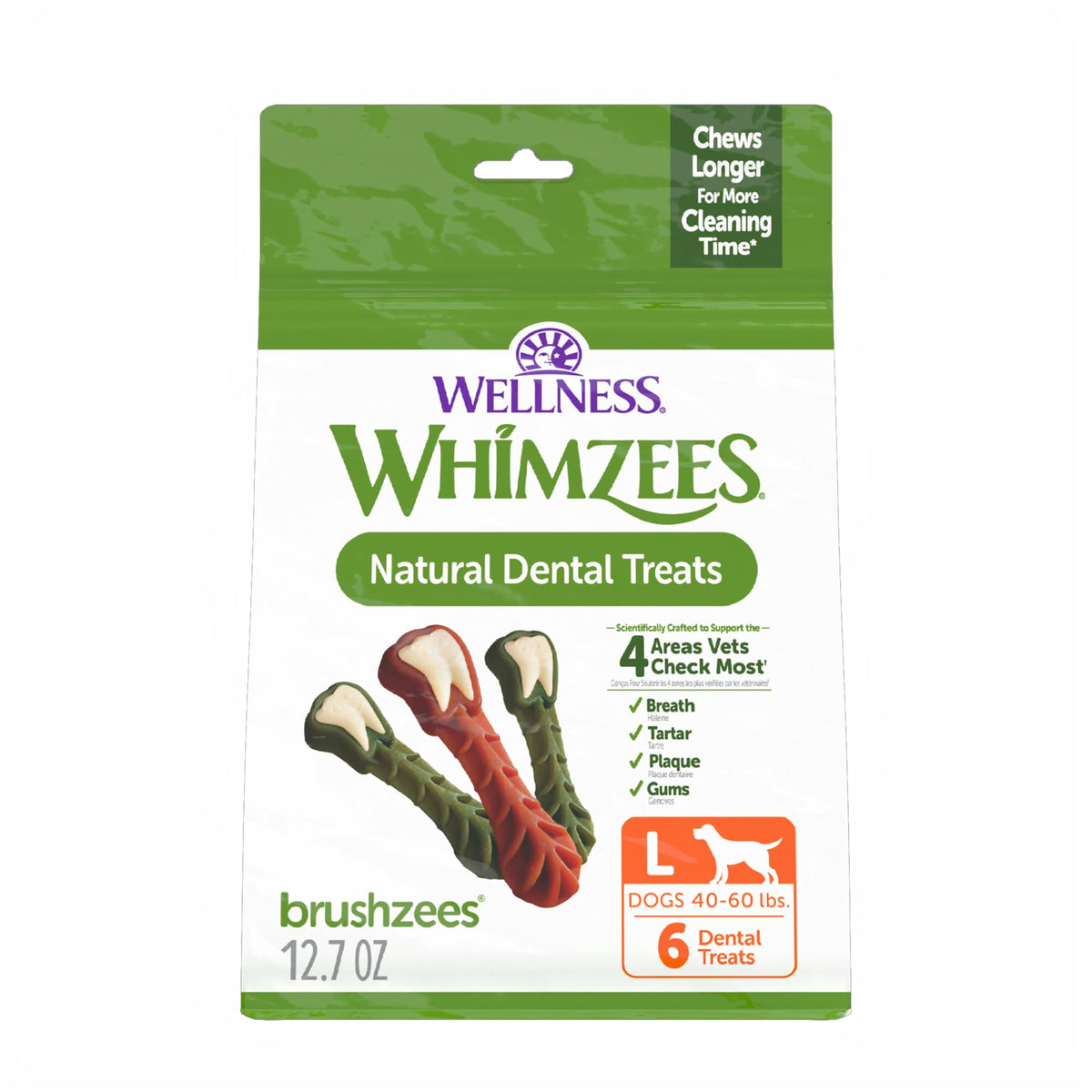 Whimzees Wellness Brushzees Natural Dog Dental Treat, VOHC Accepted Chews, Freshens Breath, Extra-Small Size, 12.7 oz Bag, 48 Count