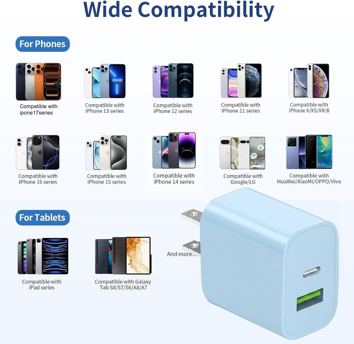 3 Pack USB C Charger Block,20W USB-C & USB-A Port Charger，for i Phone 17/16/15/14/13/12/11/X/8, i Pad and More