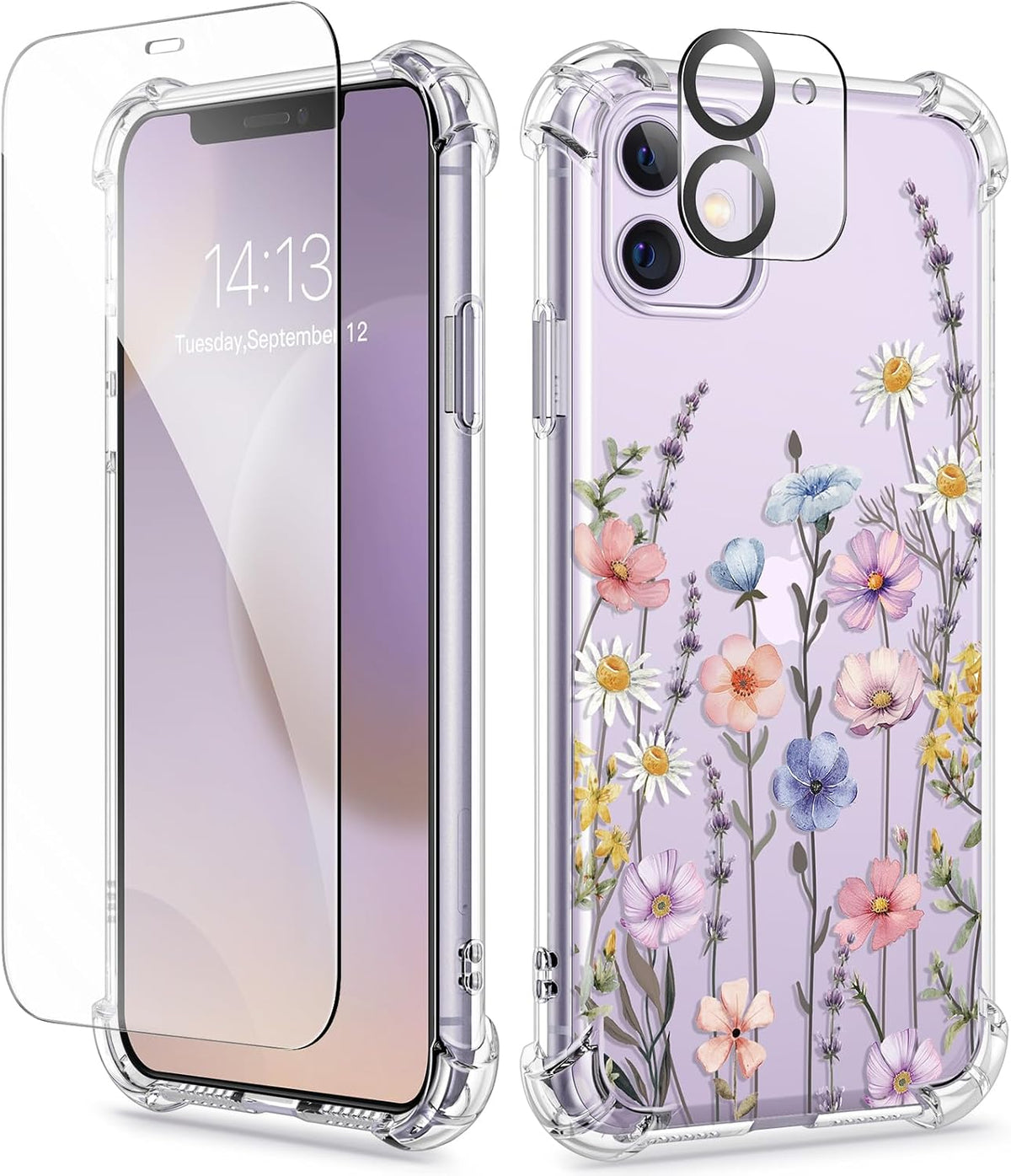 GVIEWIN for iPhone 11 Case Floral, Screen Protector & Camera Lens Protector