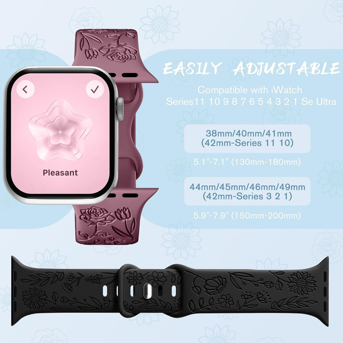6 Pack Floral Engraved Bands Compatible with Apple Watch for Women