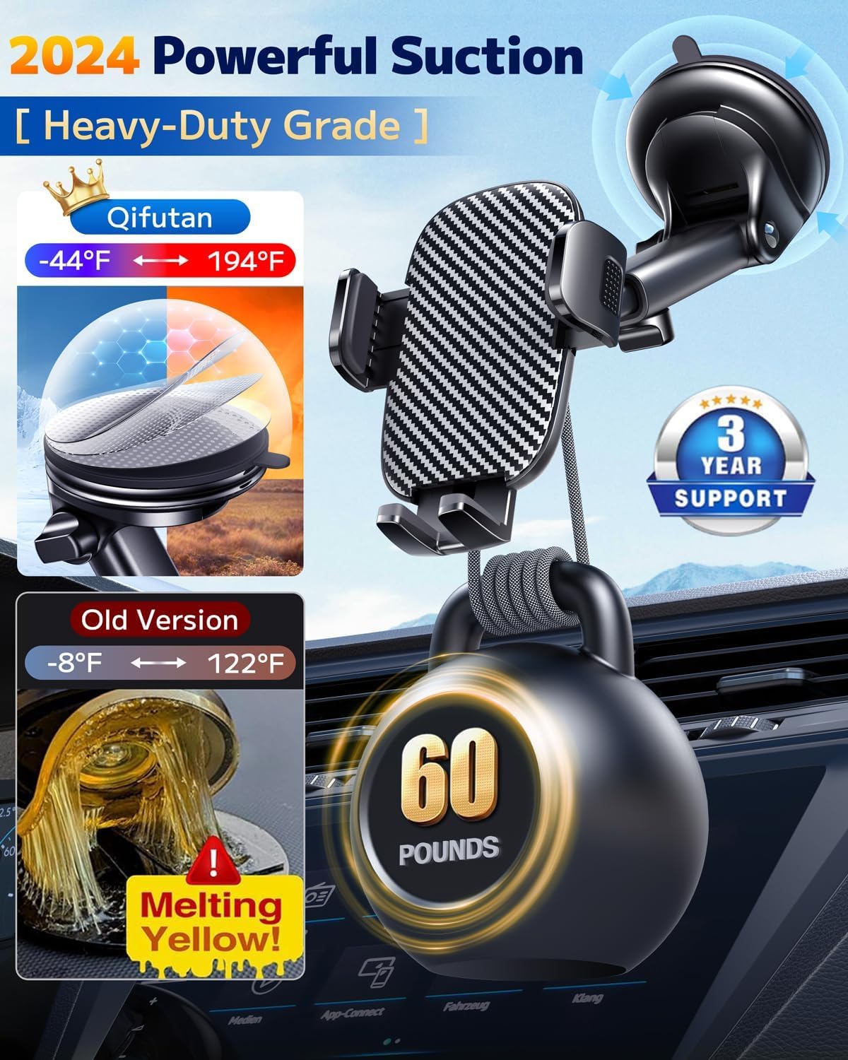 Qifutan Car Phone Holder Mount Phone Mount for Car Windshield/Dashboard/Air Vent Holder for iPhone & Android Smartphone, 360° Adjustable, Cell Phone Camera Mounts