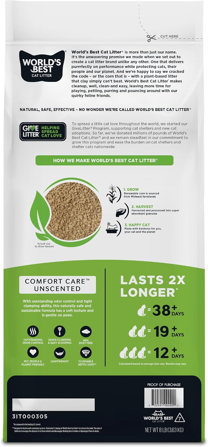 World's Best Cat Litter, Comfort Care, Unscented, Odor Control, 8 lb Bag