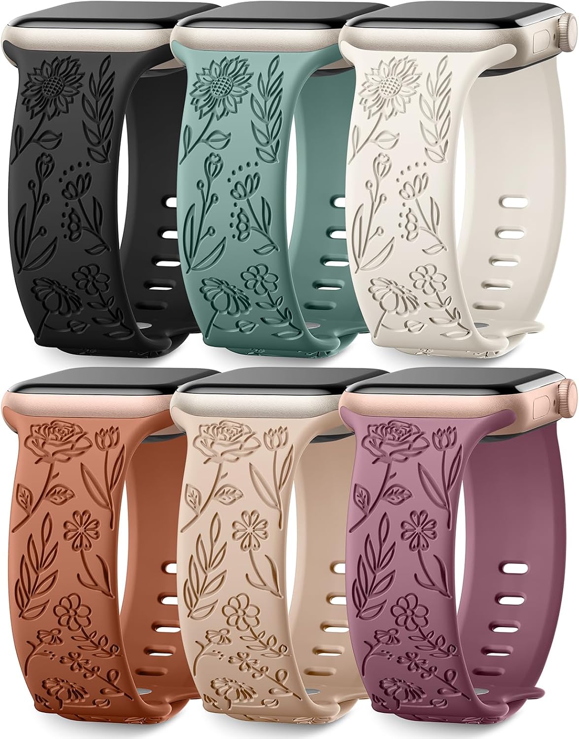 6 Pack Floral Engraved Bands Compatible with Apple Watch for Women