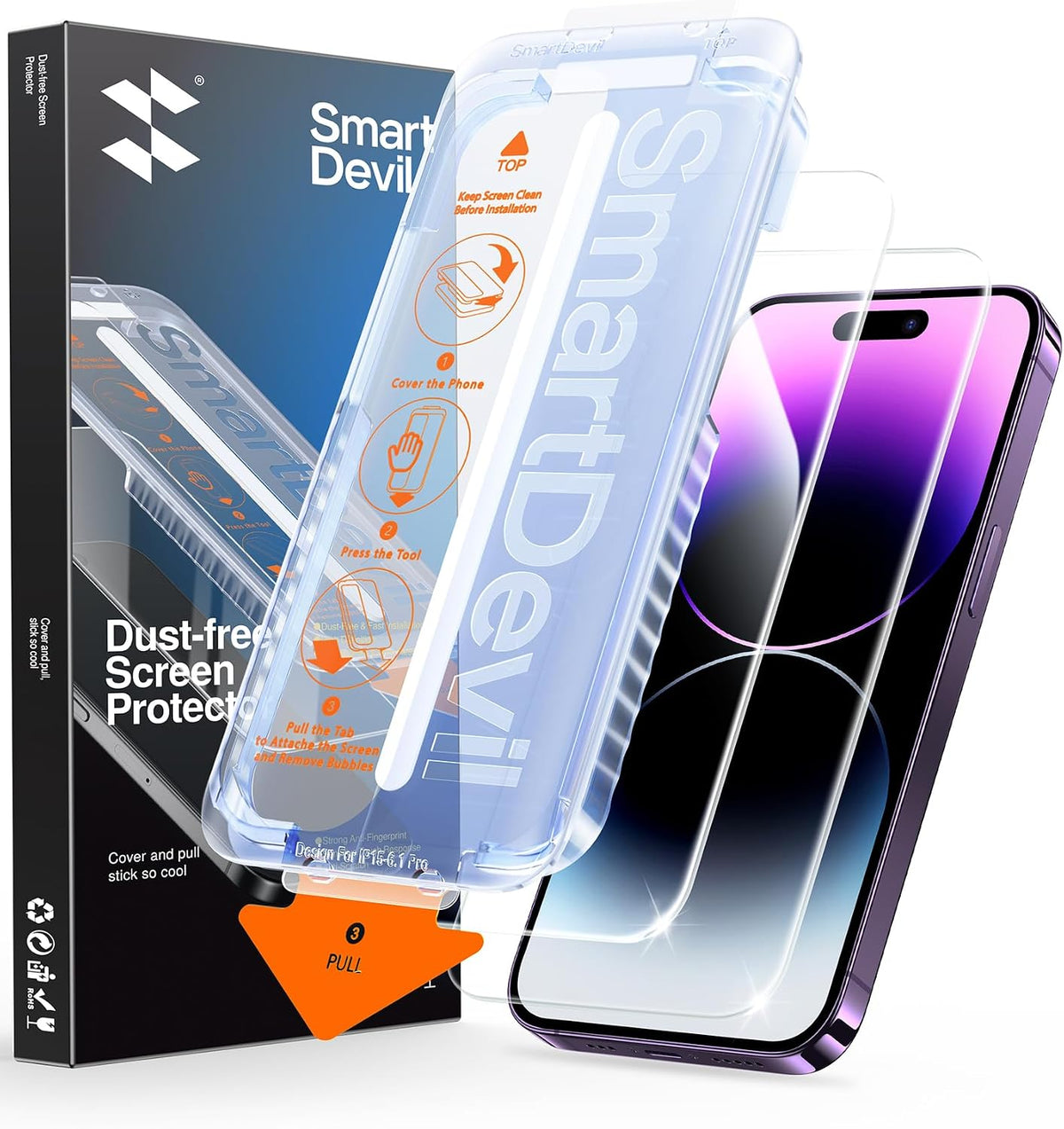 SMARTDEVIL 2 Pack Privacy Screen Protector for iPhone 14 Pro, 28° Anti-Spy 9H Tempered Glass, Impact & Scratch Resistant, Auto Dust & Bubble-Free Install Frame, Easy to Install, Case-Friendly
