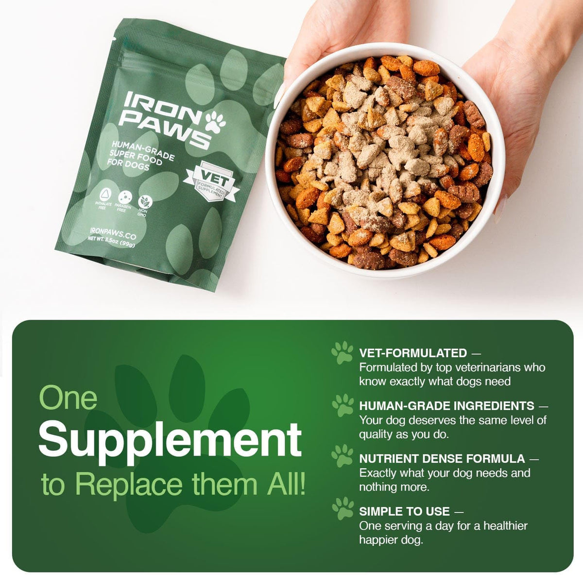Human-Grade Superfood For Dogs, Premium Greens Powder Supplement For Dental Health, Longevity, Hip & Joint, Gut Health, Allergies, Immune Support, Skin & Coat - 3.5 oz Nutrient Dense Formula