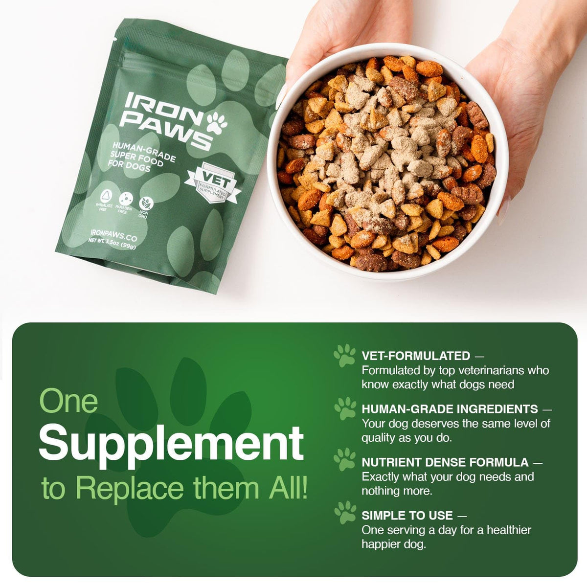Human-Grade Superfood For Dogs, Premium Greens Powder Supplement For Dental Health, Longevity, Hip & Joint, Gut Health, Allergies, Immune Support, Skin & Coat - 3.5 oz Nutrient Dense Formula