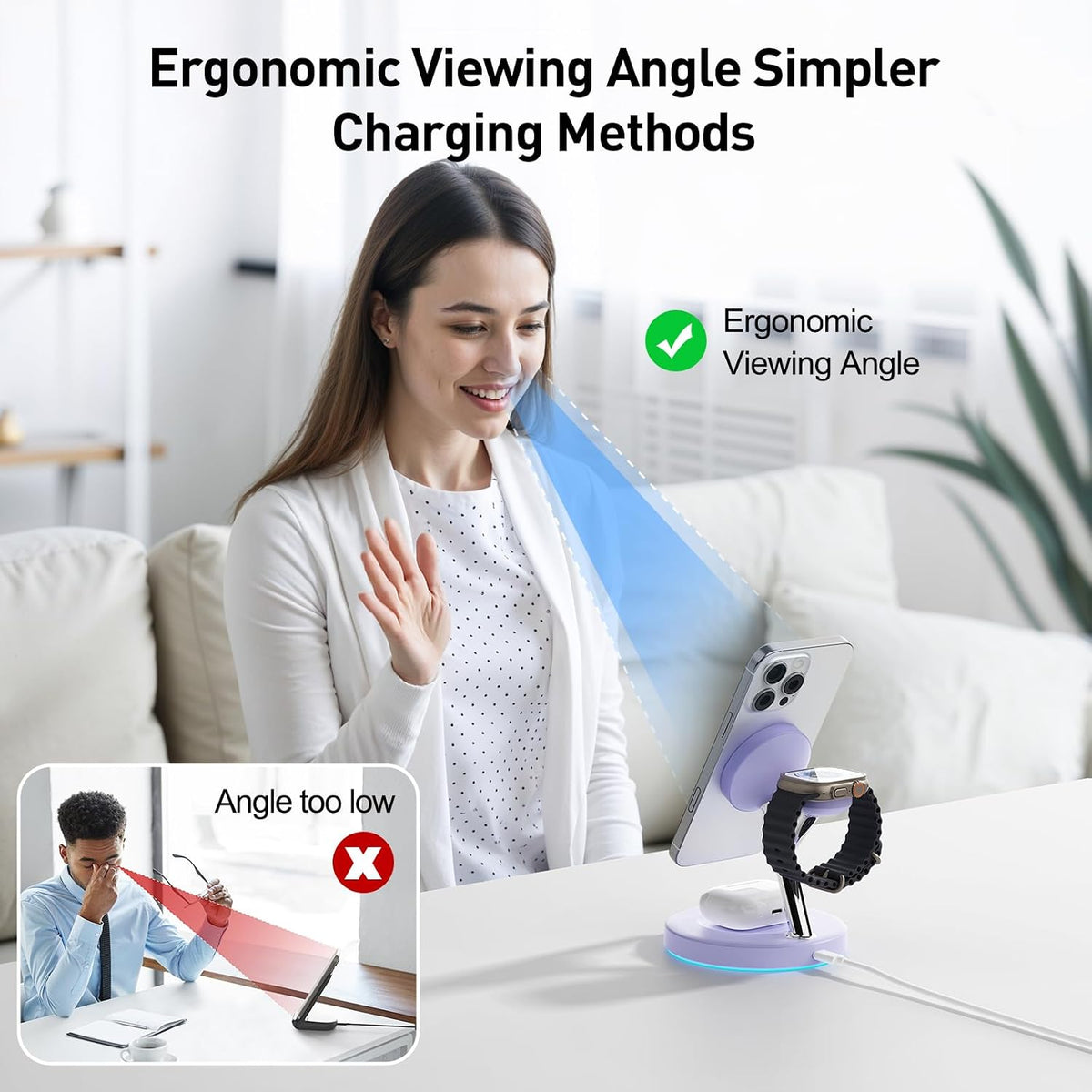 【Adjustable Blue Ambient Light】 Wireless Charger 3 in 1 for iPhone, Magnetic Charging Station for Apple Family,15W Fast MagSafe Charger Stand,for iPhone17-12-iWatch AirPods Series