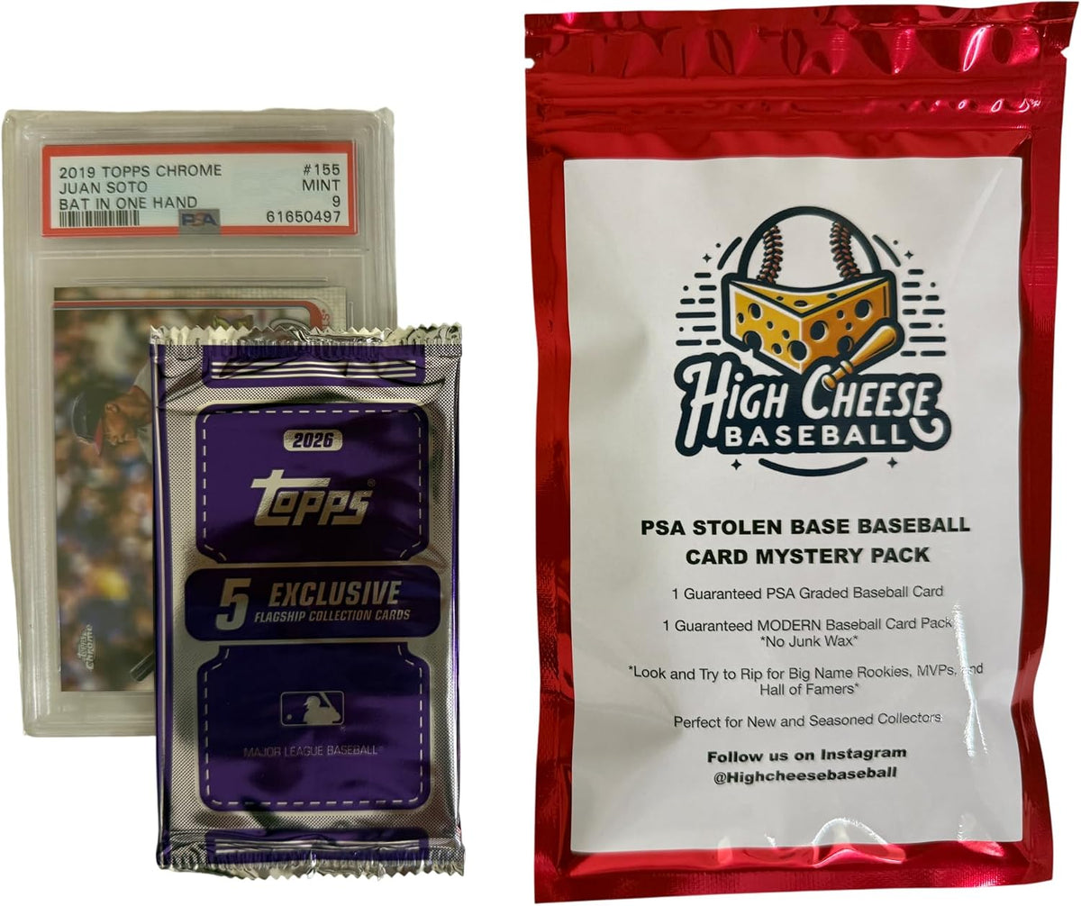 High Cheese Baseball Cards PSA Graded Stolen Base Mystery Pack, 1 PSA Graded Card, 1 Unopened Modern Pack, Rookies and Hall of Famers