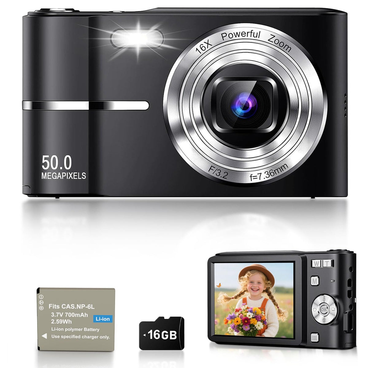 Digital Camera, 1080P FHD Vlogging Camera 50MP Compact Portable Photo Camera with 2.4" Screen, 16X Digital Zoom Mini Small Pocket Camera for Kids Students with 1 Battery, 16GB Card (Black)