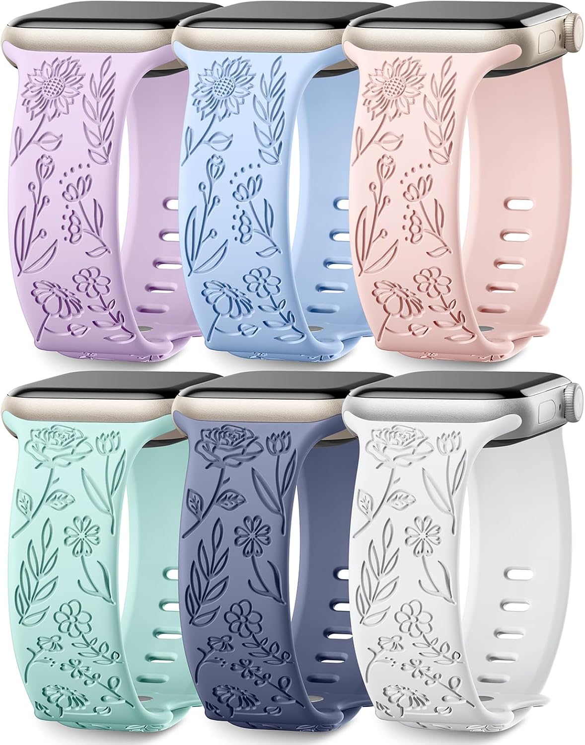6 Pack Floral Engraved Bands Compatible with Apple Watch for Women