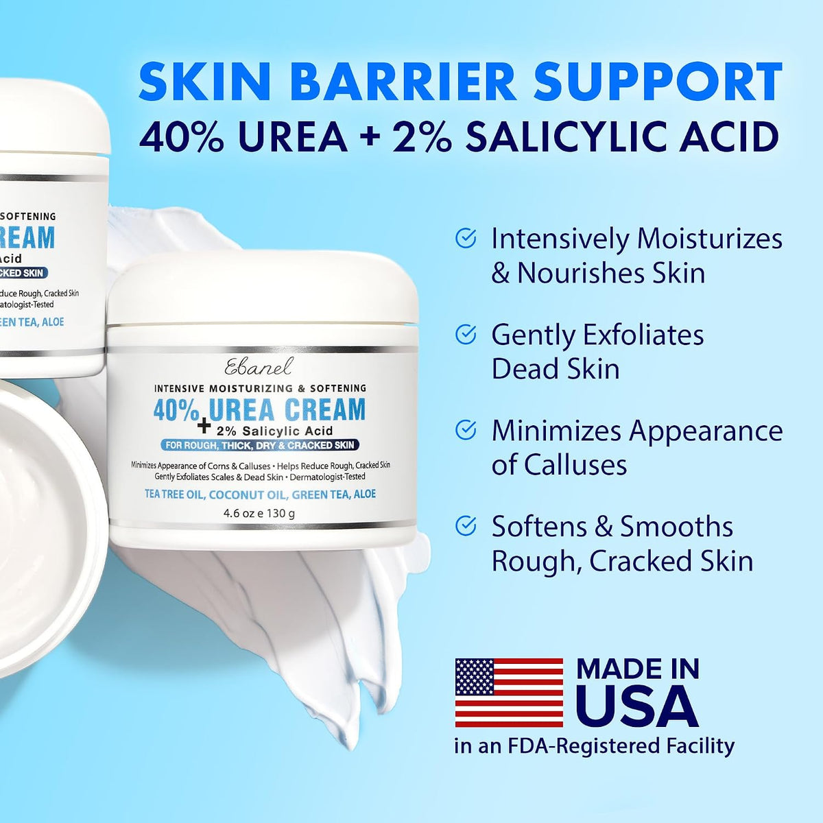 Ebanel Urea Cream 40% plus Salicylic Acid 2% for Dry Cracked Feet Skin, 2PK
