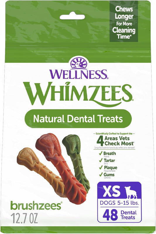Whimzees Wellness Brushzees Natural Dog Dental Treat, VOHC Accepted Chews, Freshens Breath, Extra-Small Size, 12.7 oz Bag, 48 Count