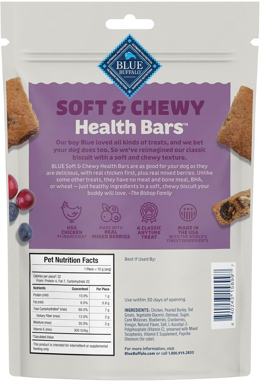 Blue Buffalo Health Bars Chicken & Mixed Berries Soft & Chewy Treats, 9 oz