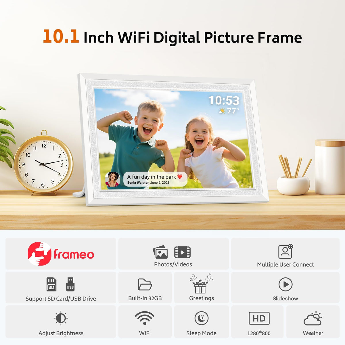Frameo WiFi Digital Photo Frame 10.1 Inch - 1280x800 HD IPS Touch Screen Picture Frame Electronic, 32GB Memory, Auto Rotate, Wall Mountable, Digital PictureFrame for Sharing Photos and Videos