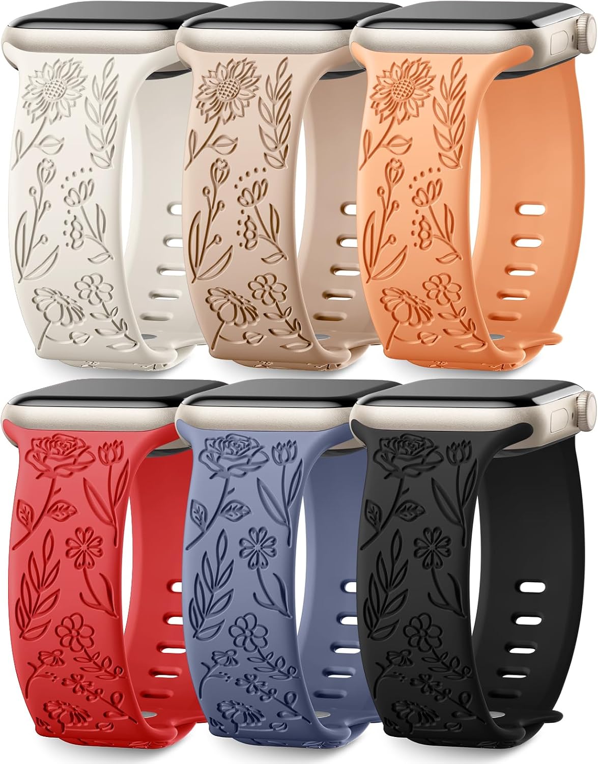 6 Pack Floral Engraved Bands Compatible with Apple Watch for Women
