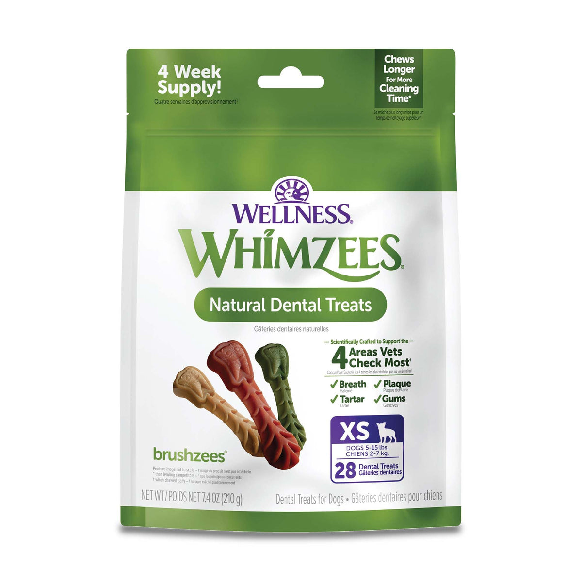Whimzees Wellness Brushzees Natural Dog Dental Treat, VOHC Accepted Chews, Freshens Breath, Extra-Small Size, 12.7 oz Bag, 48 Count