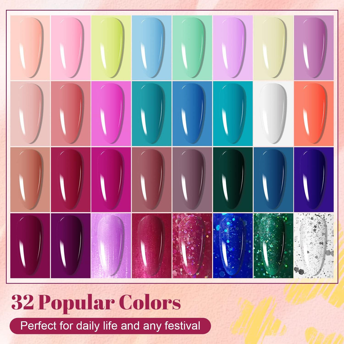 JODSONE 23 PCS Gel Nail Polish Set with Base Glossy and Matte Top Coat Multicolored Gel Nail Long Lasting Suitable for All Seasons
