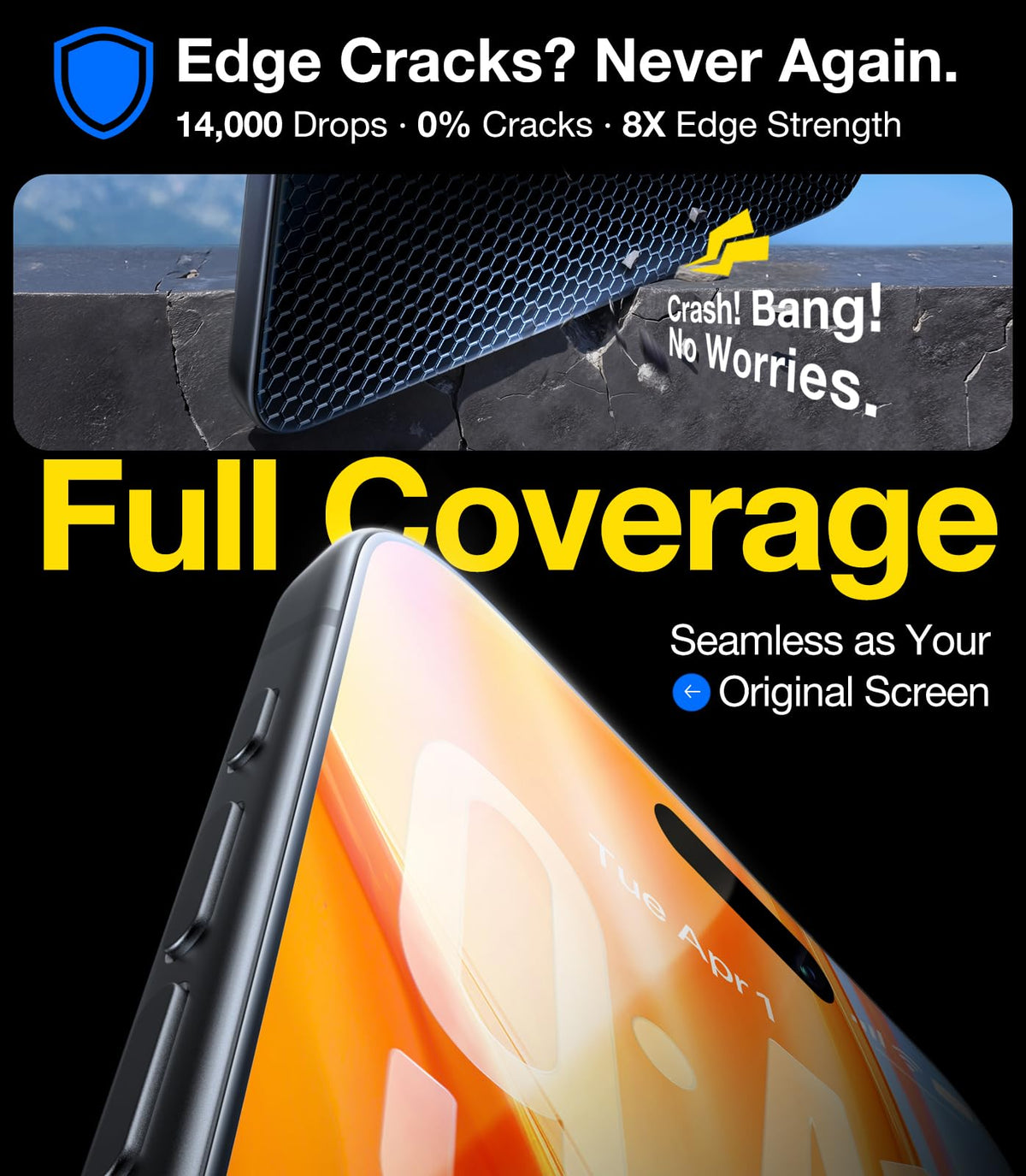 UltraGlass Crystal Armor for iPhone 16 Pro Screen Protector (No Black Bezels) 9H+ Military-Grade Shatterproof Screen Protector 16 Pro Tempered Glass, One Step Easy Installation, 1 Piece