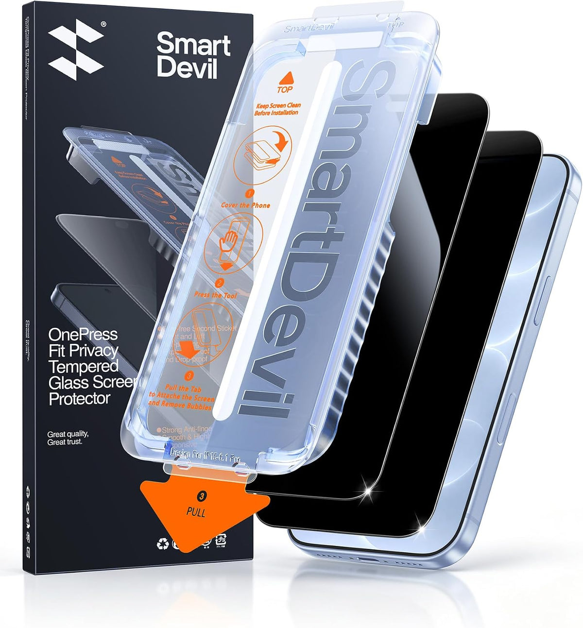 SMARTDEVIL 2 Pack Privacy Screen Protector for iPhone 14 Pro, 28° Anti-Spy 9H Tempered Glass, Impact & Scratch Resistant, Auto Dust & Bubble-Free Install Frame, Easy to Install, Case-Friendly
