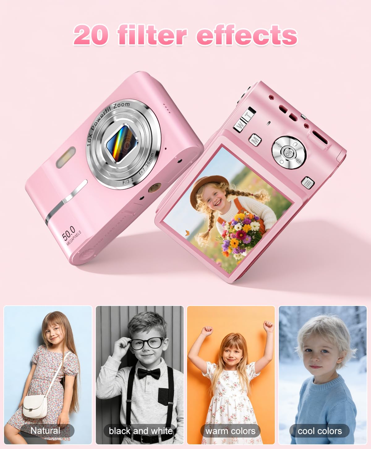 Digital Camera, 1080P FHD Vlogging Camera 50MP Compact Portable Photo Camera with 2.4" Screen, 16X Digital Zoom Mini Small Pocket Camera for Kids Students with 1 Battery, 16GB Card (Black)