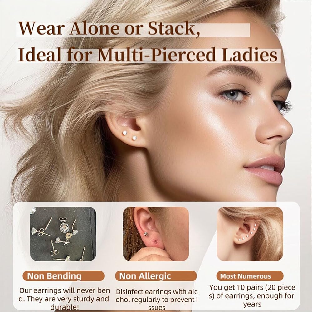 10 Pairs Small Stud Earrings for Women Hypoallergenic Multiple Piercings