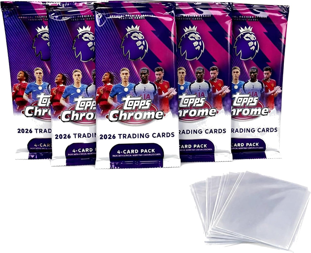 2026 Topps Chrome Premier League Soccer Cards – 5 Factory Sealed Packs (20 Cards Total) + 10 Penny Sleeves | EPL Trading Card Bundle for Collectors & Gifts