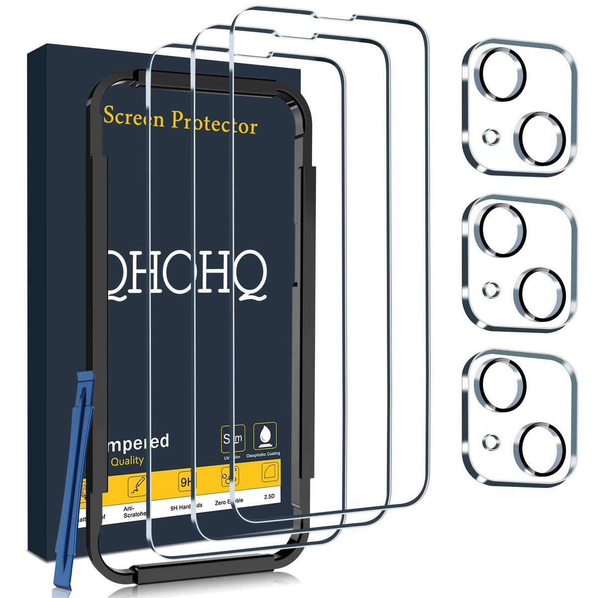 QHOHQ 3 Pack Screen Protector for iPhone 13 Pro 6.1 Inch with 3 Pack Tempered Glass Camera Lens Protector, Ultra HD, 9H Hardness, Scratch Resistant - Case Friendly [Not fit iPhone 13 Pro Max 6.7"]