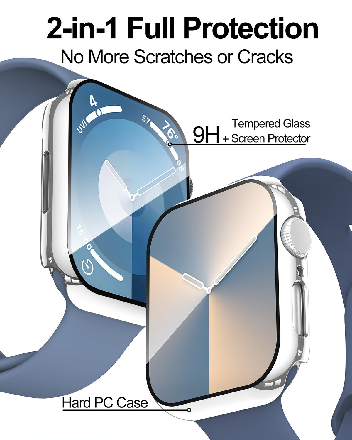 Smiling 2 Pack Case Compatible with Apple Watch Series 9 (2023)/Series 8 /Series 7 45mm with Tempered Glass Screen Protector, Hard PC Case Overall Protective Cover- Starlight