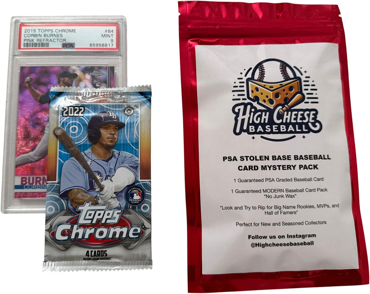High Cheese Baseball Cards PSA Graded Stolen Base Mystery Pack, 1 PSA Graded Card, 1 Unopened Modern Pack, Rookies and Hall of Famers