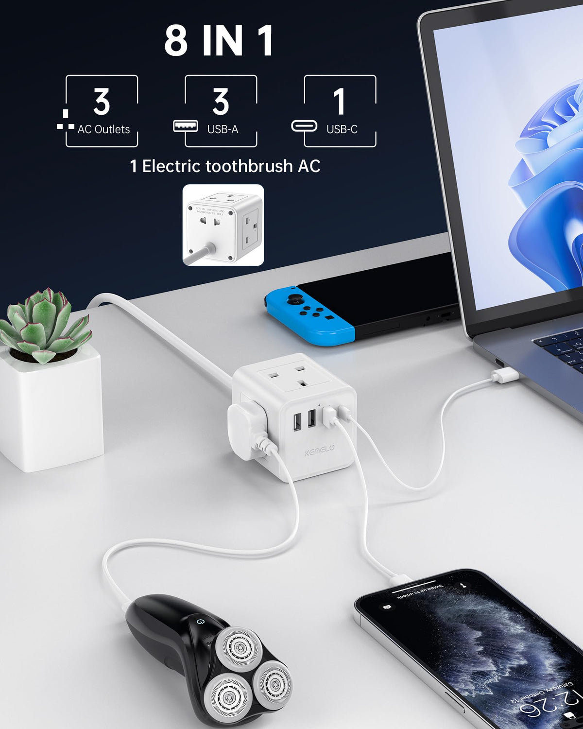 PD20W Cube Extension Lead with 4 USB Slots, Kemelo 4 Way (13A/3250W) Multi Plug Extension Cable with Child Safety UK Desktop Power Extension Socket,1.5M Extension Cords for Home Dorm Office