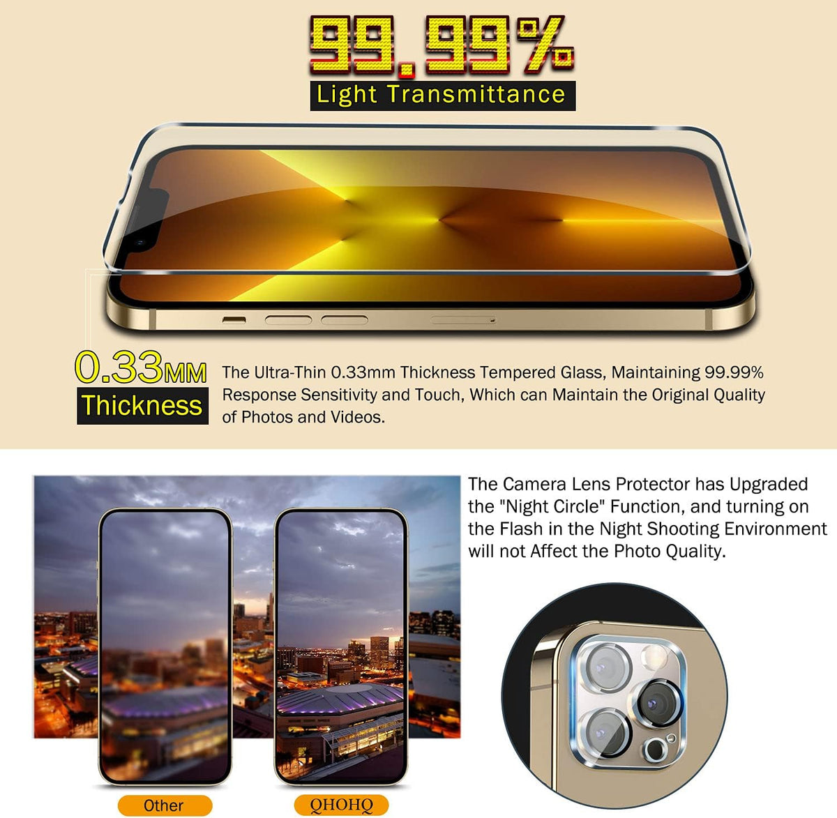 QHOHQ 3 Pack Screen Protector for iPhone 13 Pro 6.1 Inch with 3 Pack Tempered Glass Camera Lens Protector, Ultra HD, 9H Hardness, Scratch Resistant - Case Friendly [Not fit iPhone 13 Pro Max 6.7"]