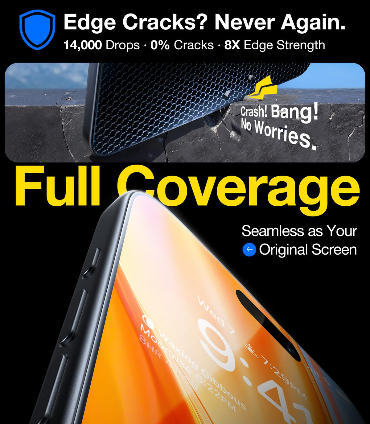 UltraGlass Crystal Armor for iPhone 16 Pro Screen Protector (No Black Bezels) 9H+ Military-Grade Shatterproof Screen Protector 16 Pro Tempered Glass, One Step Easy Installation, 1 Piece
