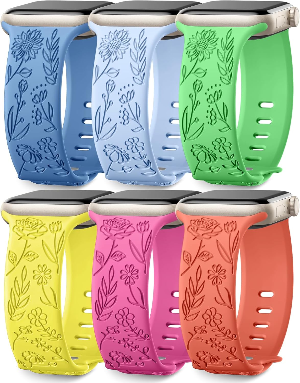 6 Pack Floral Engraved Bands Compatible with Apple Watch for Women