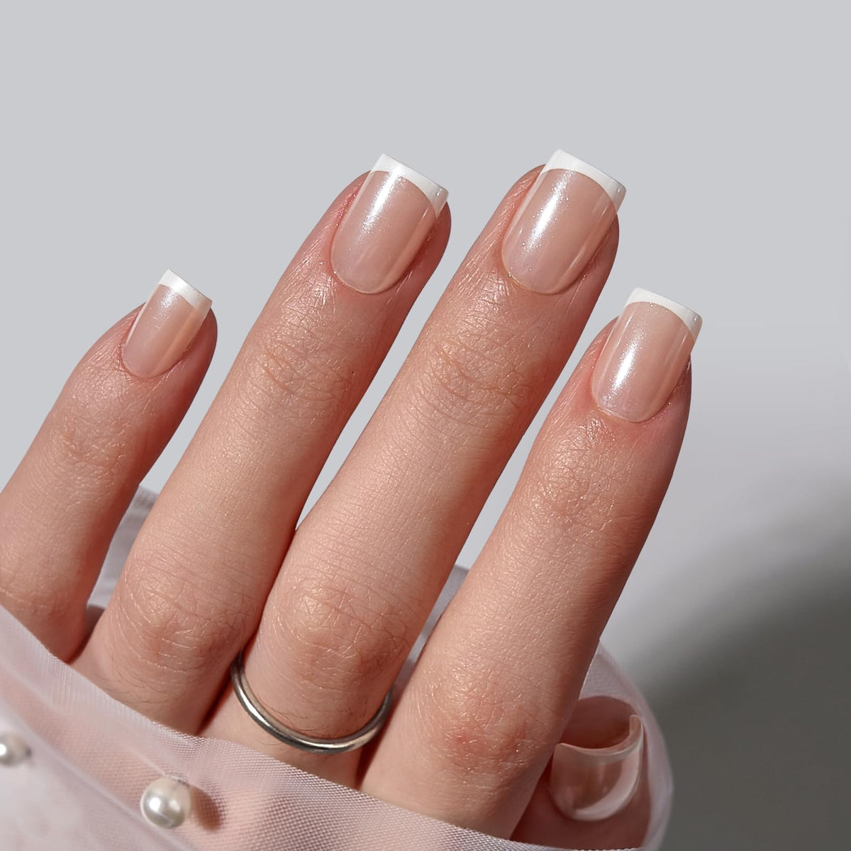 BTArtbox Press On Nails, Short Almond French Tip Nails, 32Pcs Full Kit