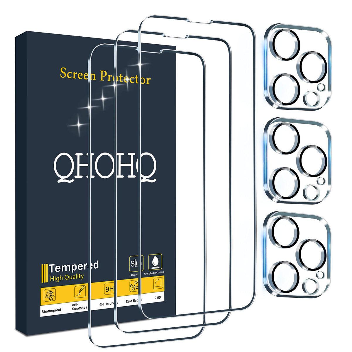 QHOHQ 3 Pack Screen Protector for iPhone 13 Pro 6.1 Inch with 3 Pack Tempered Glass Camera Lens Protector, Ultra HD, 9H Hardness, Scratch Resistant - Case Friendly [Not fit iPhone 13 Pro Max 6.7"]