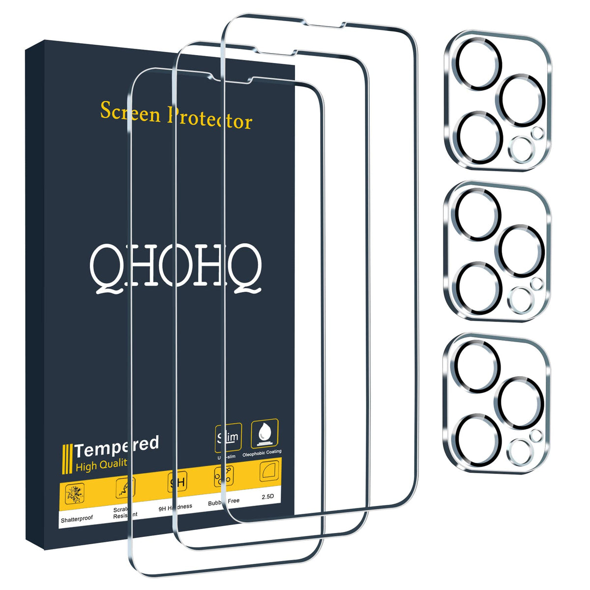 QHOHQ 3 Pack Screen Protector for iPhone 13 Pro 6.1 Inch with 3 Pack Tempered Glass Camera Lens Protector, Ultra HD, 9H Hardness, Scratch Resistant - Case Friendly [Not fit iPhone 13 Pro Max 6.7"]