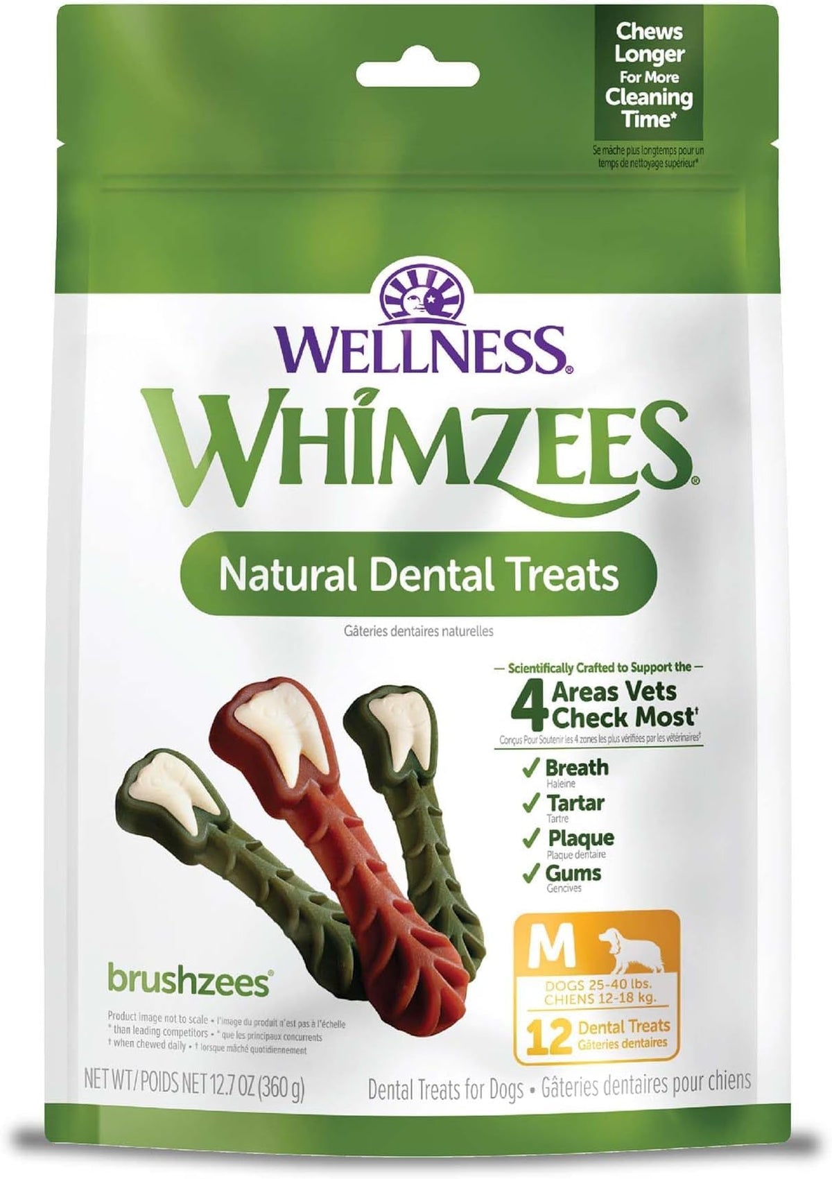 Whimzees Wellness Brushzees Natural Dog Dental Treat, VOHC Accepted Chews, Freshens Breath, Extra-Small Size, 12.7 oz Bag, 48 Count