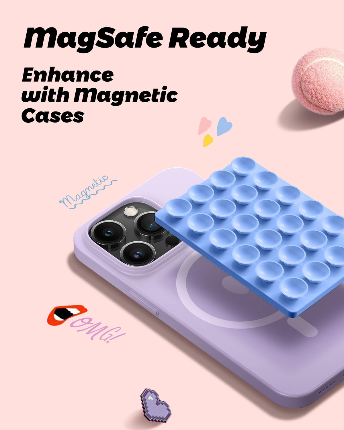amBand Magnetic Sticky Phone Suction Grip for MagSafe, Removable for Wireless Charging, Durable Magnet Silicone Portable Mount Stand for iPhone 18 17 16 15 14 13 Series, Hands-Free Video/Selfie, Black