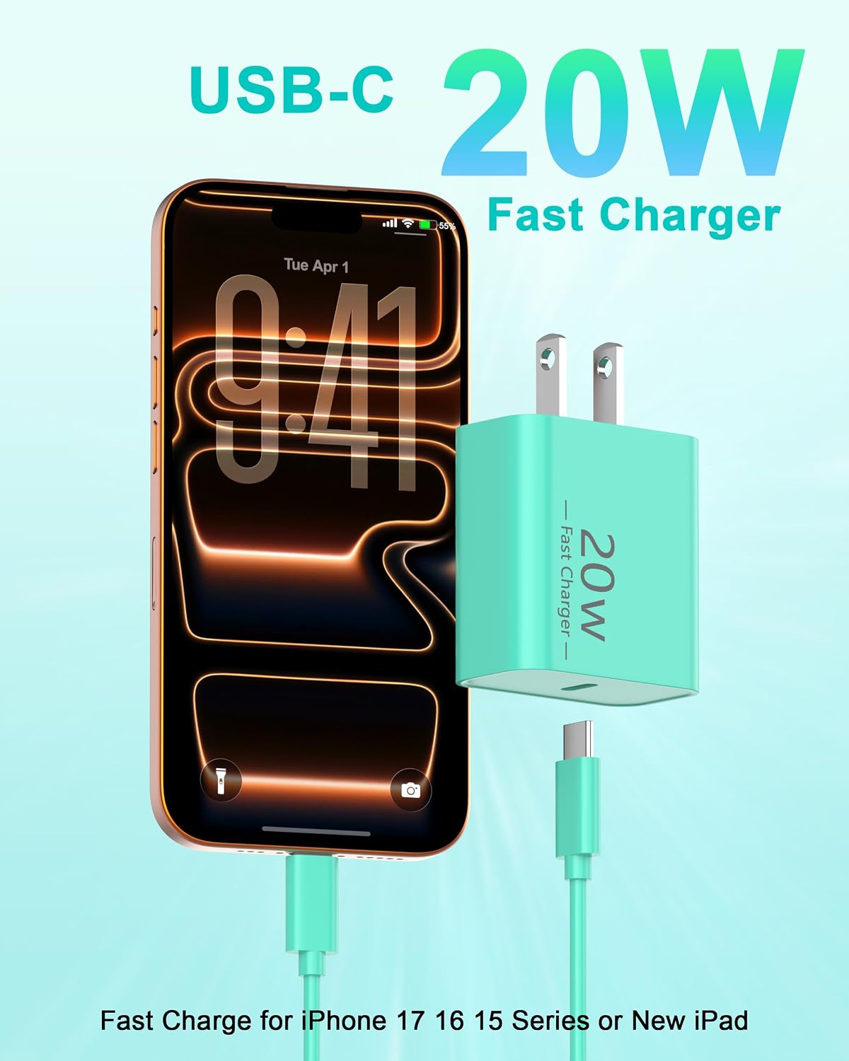 iPhone 18 17 16 15 Charger Fast Charging 10FT 20W USB C Charger Block Cable