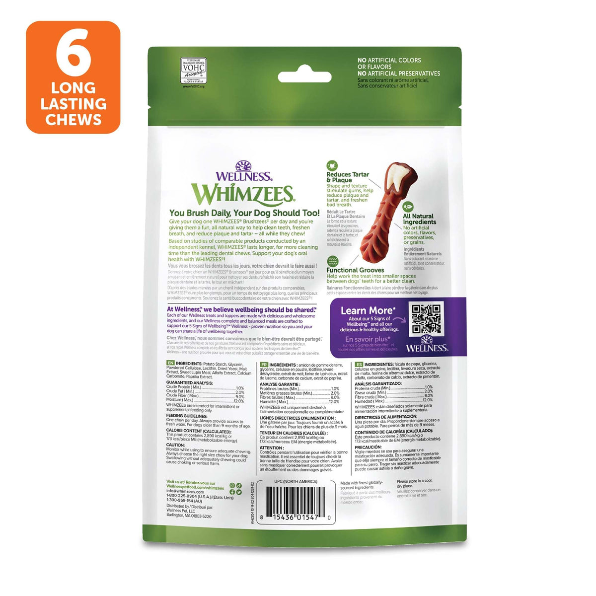 Whimzees Wellness Brushzees Natural Dog Dental Treat, VOHC Accepted Chews, Freshens Breath, Extra-Small Size, 12.7 oz Bag, 48 Count