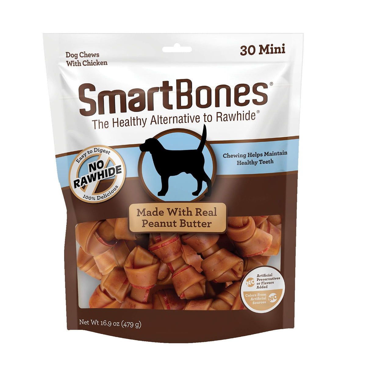 SmartBones Mini Bones Rawhide-Free Dog Treat, Real Peanut Butter, 24 Count