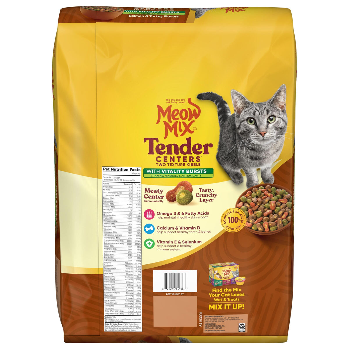 Meow Mix Tender Centers, Dry Cat Food, Salmon & Turkey Flavors, 4 Bags