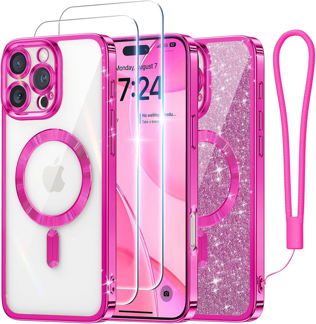 Meifigno for iPhone 16 Plus Case + HD & Privacy Tempered Glass, Hot Pink