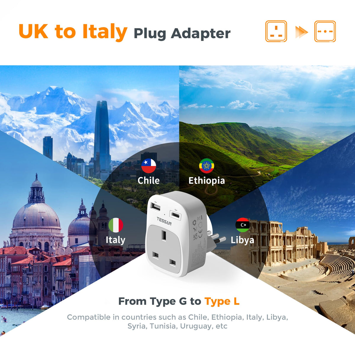 TESSAN UK to South Africa Plug Adapter, Type M Travel Adapter with USB C