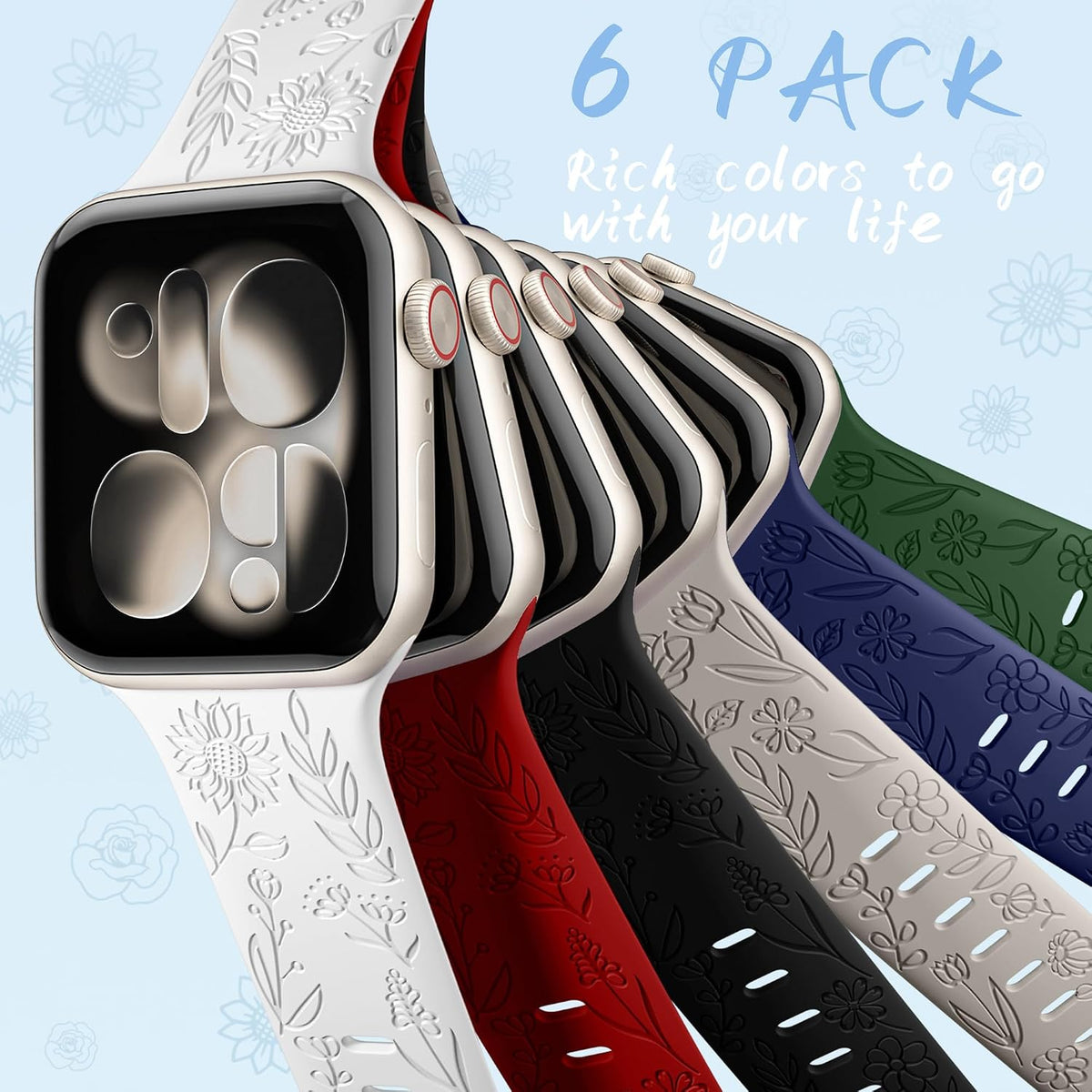 6 Pack Floral Engraved Bands Compatible with Apple Watch for Women