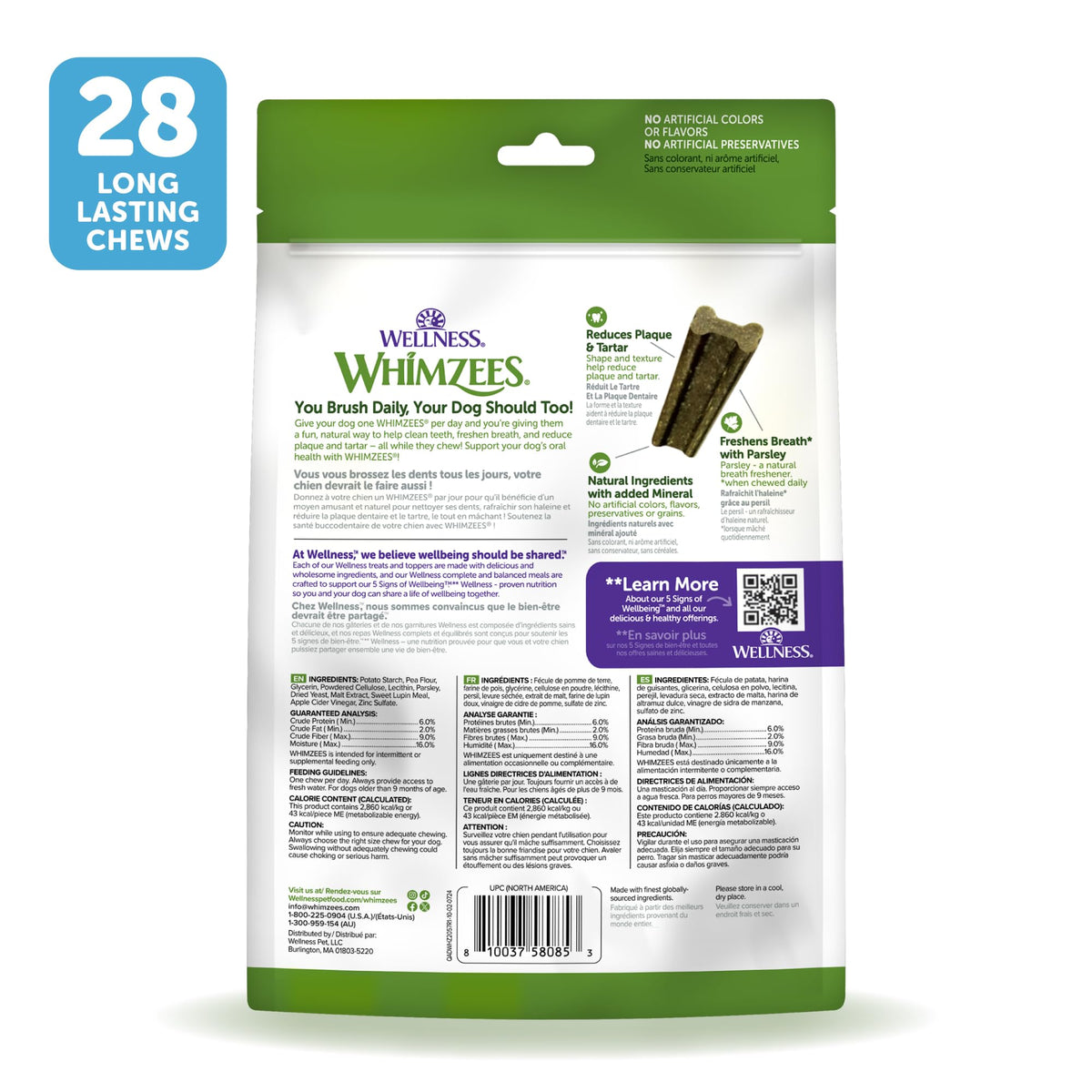 Whimzees Wellness Brushzees Natural Dog Dental Treat, VOHC Accepted Chews, Freshens Breath, Extra-Small Size, 12.7 oz Bag, 48 Count