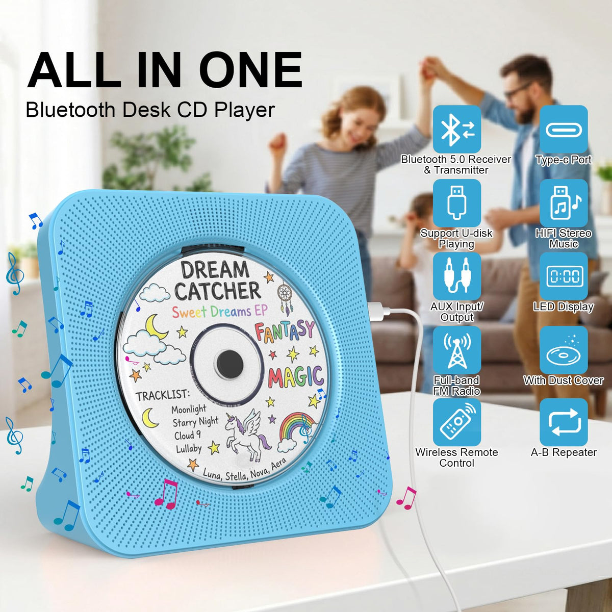 Portable CD Player with Bluetooth, Gueray Desktop CD Players for Home, Bulit-in Double HiFi Speakers, AUX&Headphone Jack, FM Radio Boombox with Remote Control, USB Port,LCD Display (White)