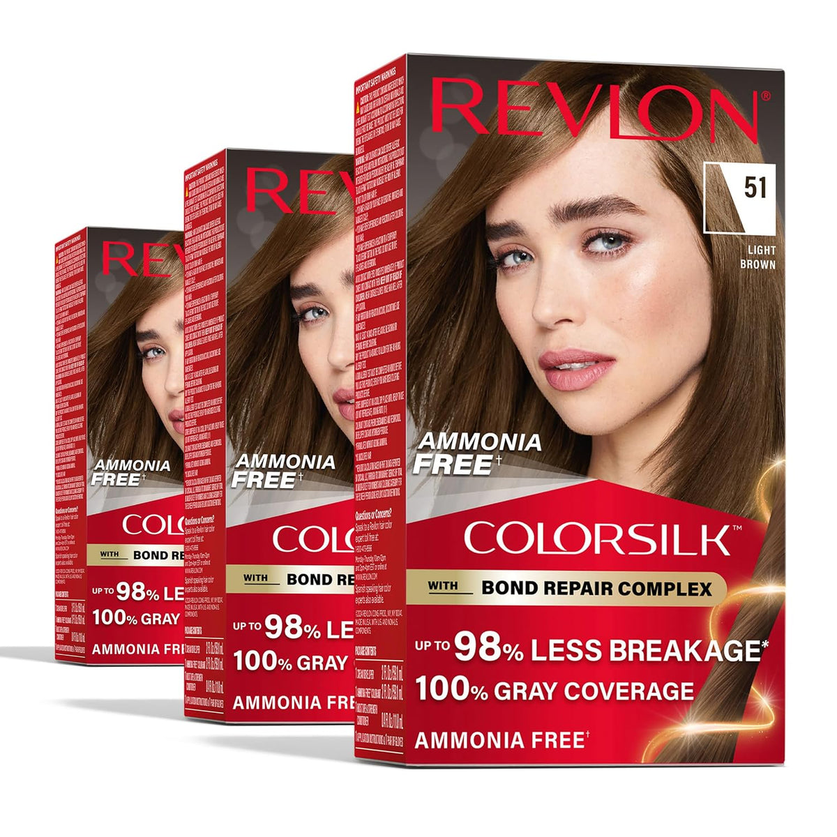Revlon ColorSilk with Bond Repair Hair Color, 51 Light Brown, 3pk