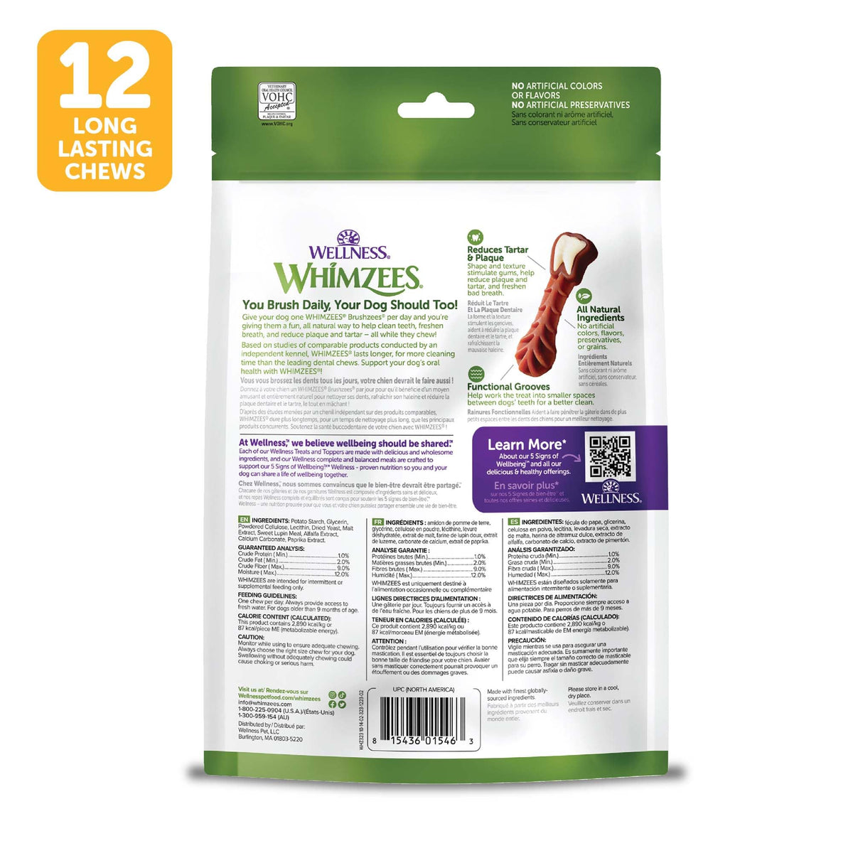 Whimzees Wellness Brushzees Natural Dog Dental Treat, VOHC Accepted Chews, Freshens Breath, Extra-Small Size, 12.7 oz Bag, 48 Count