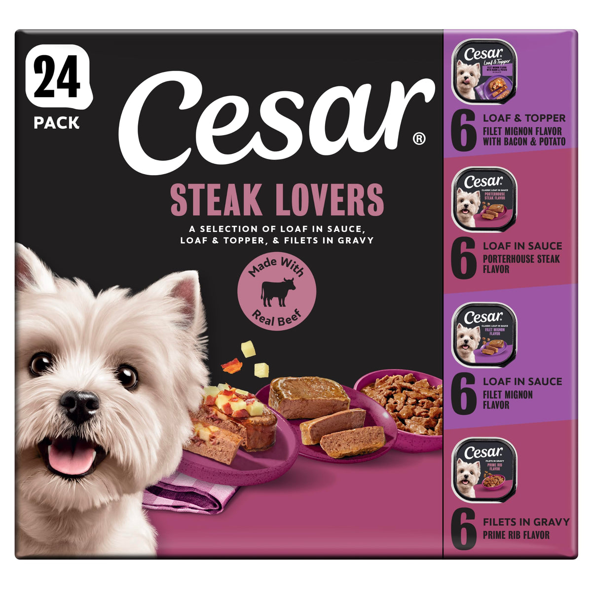 Cesar Wet Dog Food, Steak & Chicken Lovers Variety Pack, 3.5 oz, 36 count